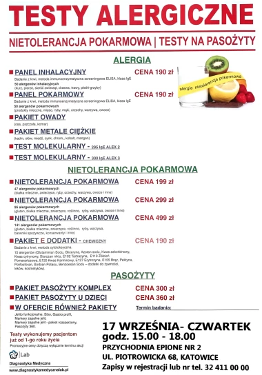 Testy alergiczne i na nietolerancje – 17 września